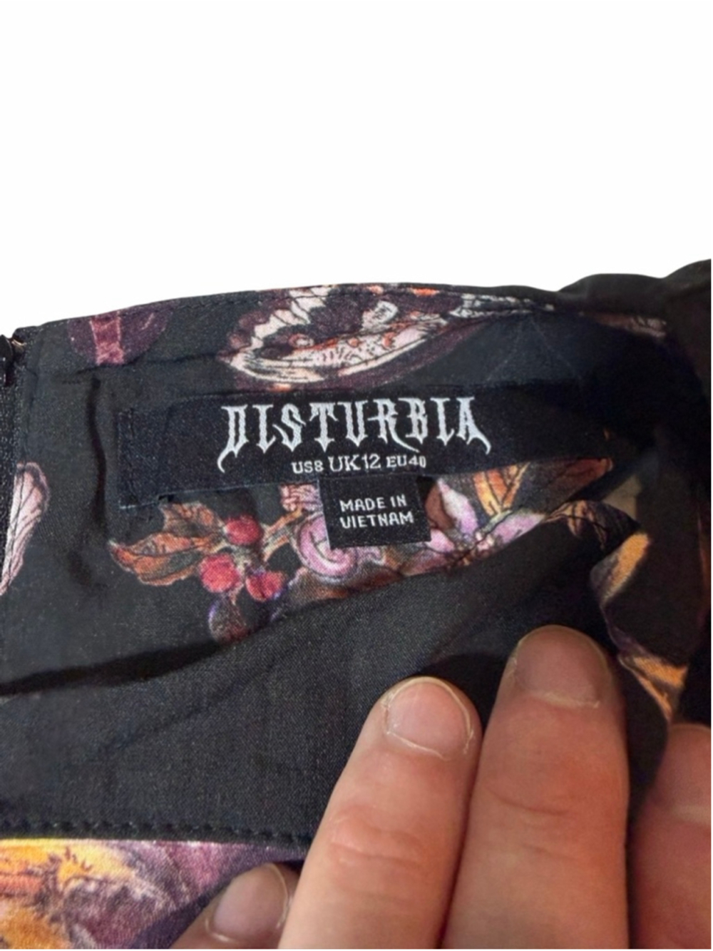 Disturbia Eloise Butterfly Floral Goth Mini Dress Black Purple UK 12 US 8 - Picture 5 of 9